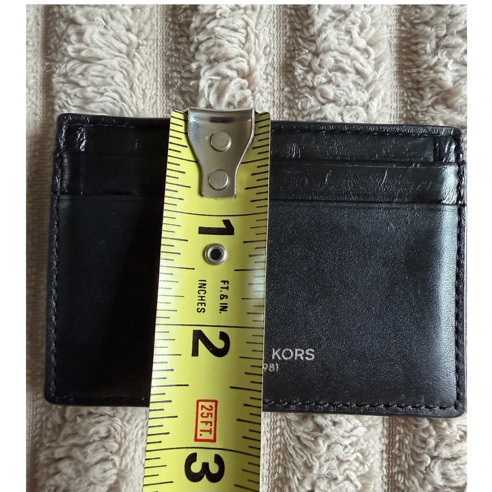 Michael Kors Black Leather Slim Card Case Wallet with ID Window Logo Est 1981